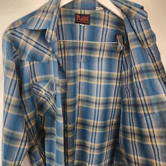 Plains Western Wear‎ Mens Plaid Pearl Snap Long Sleeve Western Shirt see measure - Picture 7 of 8